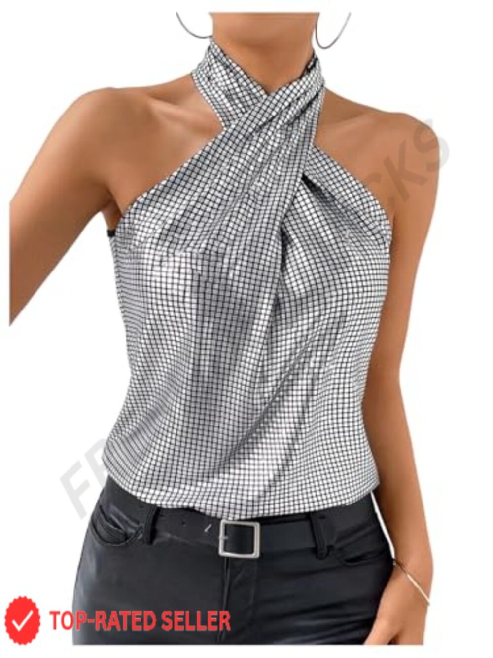Sequin Sparkly Halter Top Metallic Going Out Sleeveless Slim Fit Y2K Party